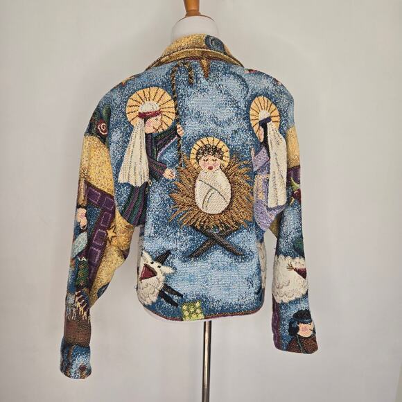 Rare Vintage Nativity Tapestry Jacket Cropped Painted Pony Art To Wear Small - Picture 5 of 15